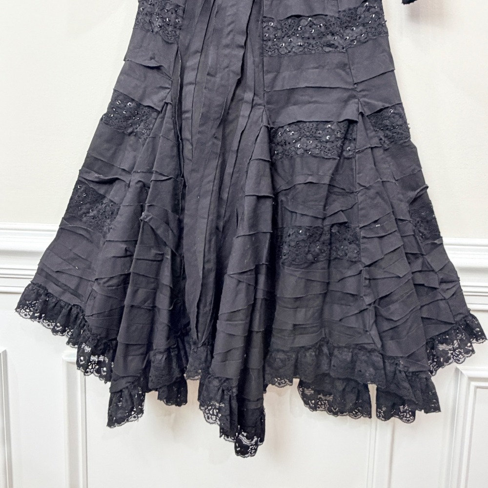VTG CACHE Style Small Midi Dress Black LS Ribbed Knit Tiered Lace Sequin Goth - Picture 8 of 16